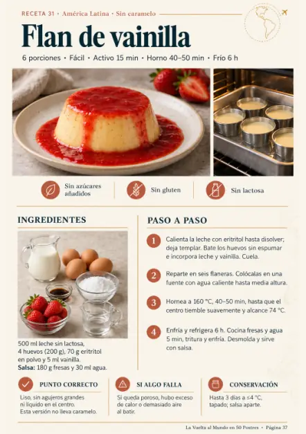 Receta de flan de vainilla sin azúcares añadidos, sin gluten y sin lactosa