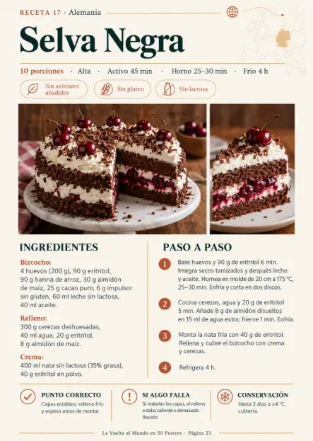 Receta de selva negra sin azúcares añadidos, sin gluten y sin lactosa