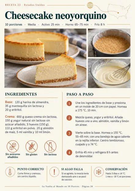 Receta de cheesecake neoyorquino sin azúcares añadidos, sin gluten y sin lactosa