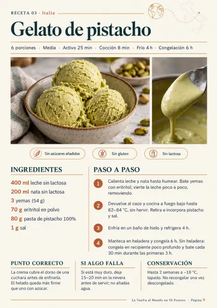 Receta de gelato de pistacho sin azúcares añadidos, sin gluten y sin lactosa
