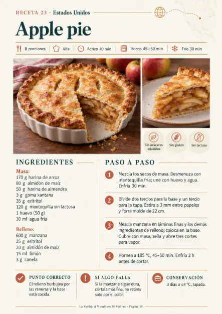 Receta de apple pie sin azúcares añadidos, sin gluten y sin lactosa