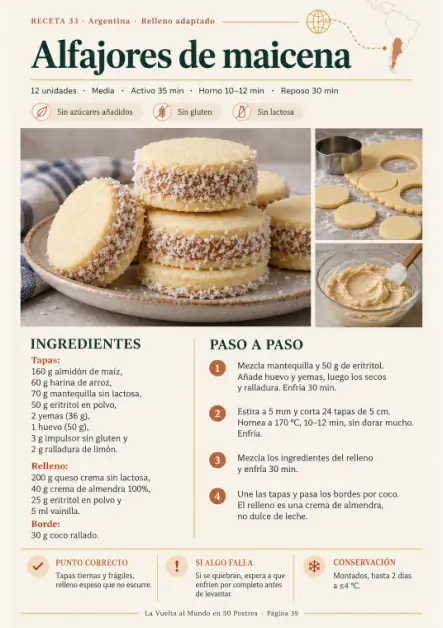 Receta de alfajores de maicena sin azúcares añadidos, sin gluten y sin lactosa